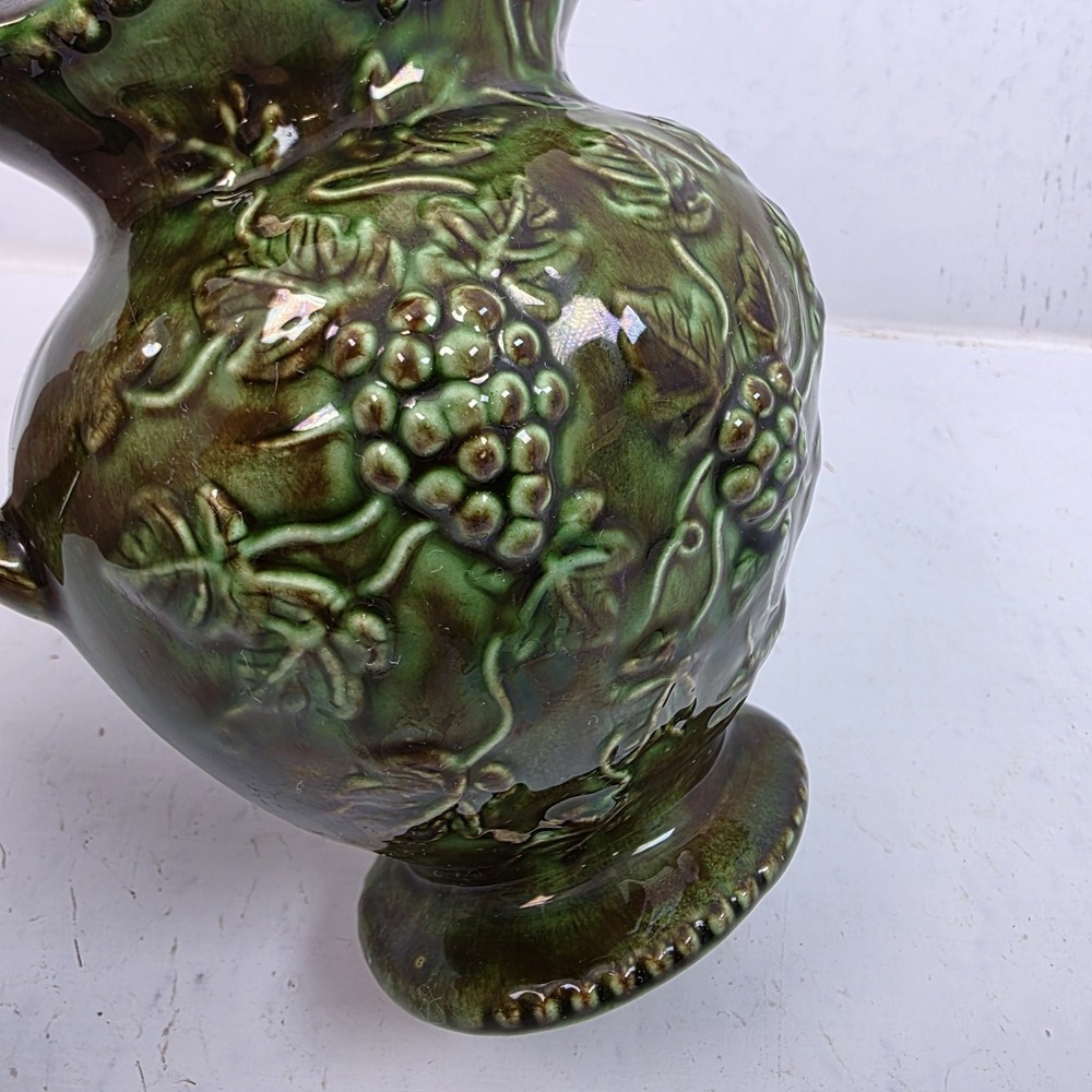 Vtg Signed Ceramic Pitcher Green Majolica Style Jug Dark Academia Cottagecore 6" - Picture 3 of 6